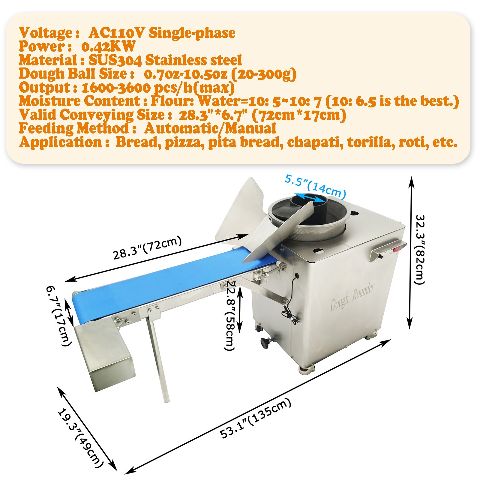 110V Electric Dough Rounder with Conveyor Belt 20-300g Dough Balls Maker Rounder
