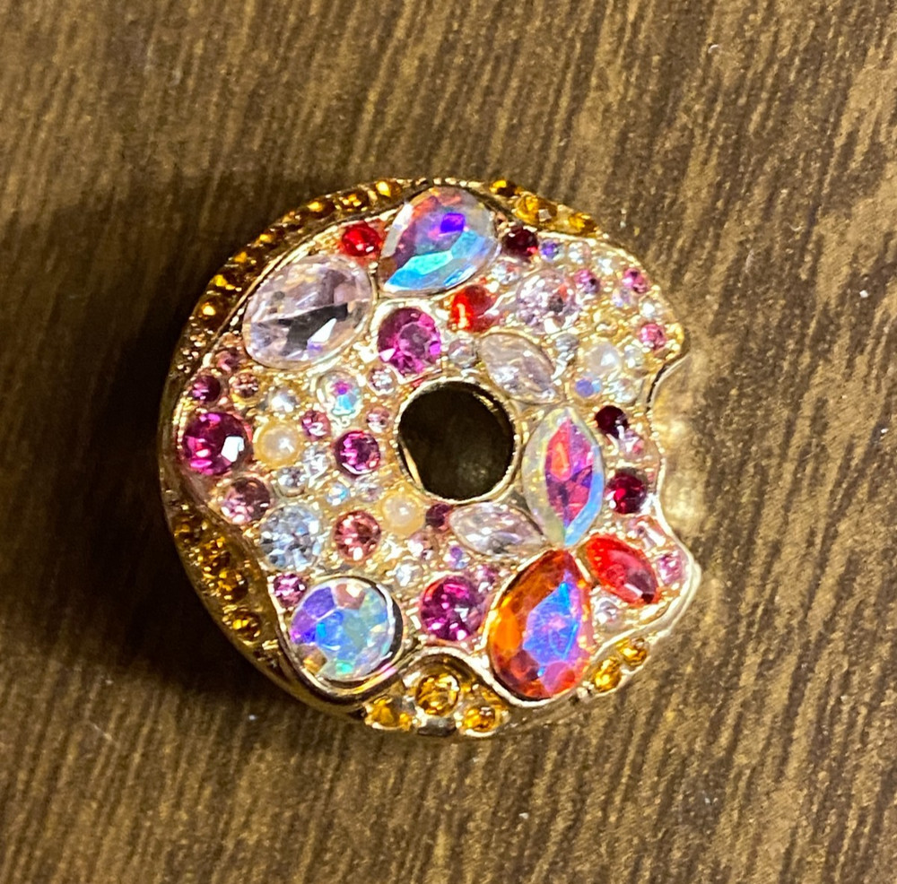 Gold Tone Multicolor Rhinestone Donut Pin 1"