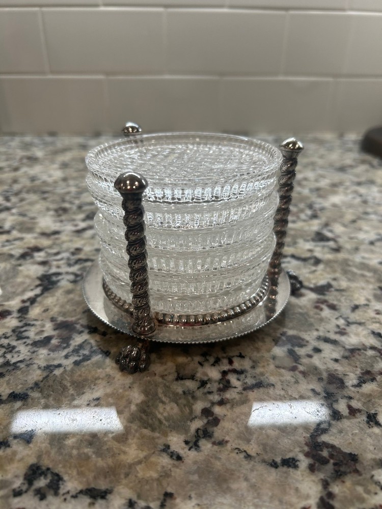 Vintage 5 crystal Coaster lion claw footed stand F B Roger Silver Co