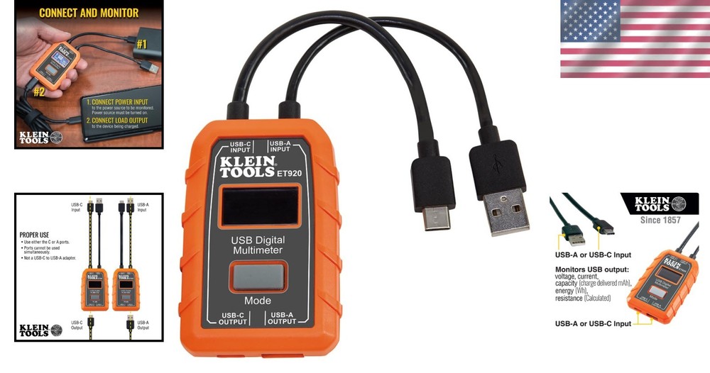Compact Orange USB Power Meter - Easy Setup, Overload Detection & Data Storage