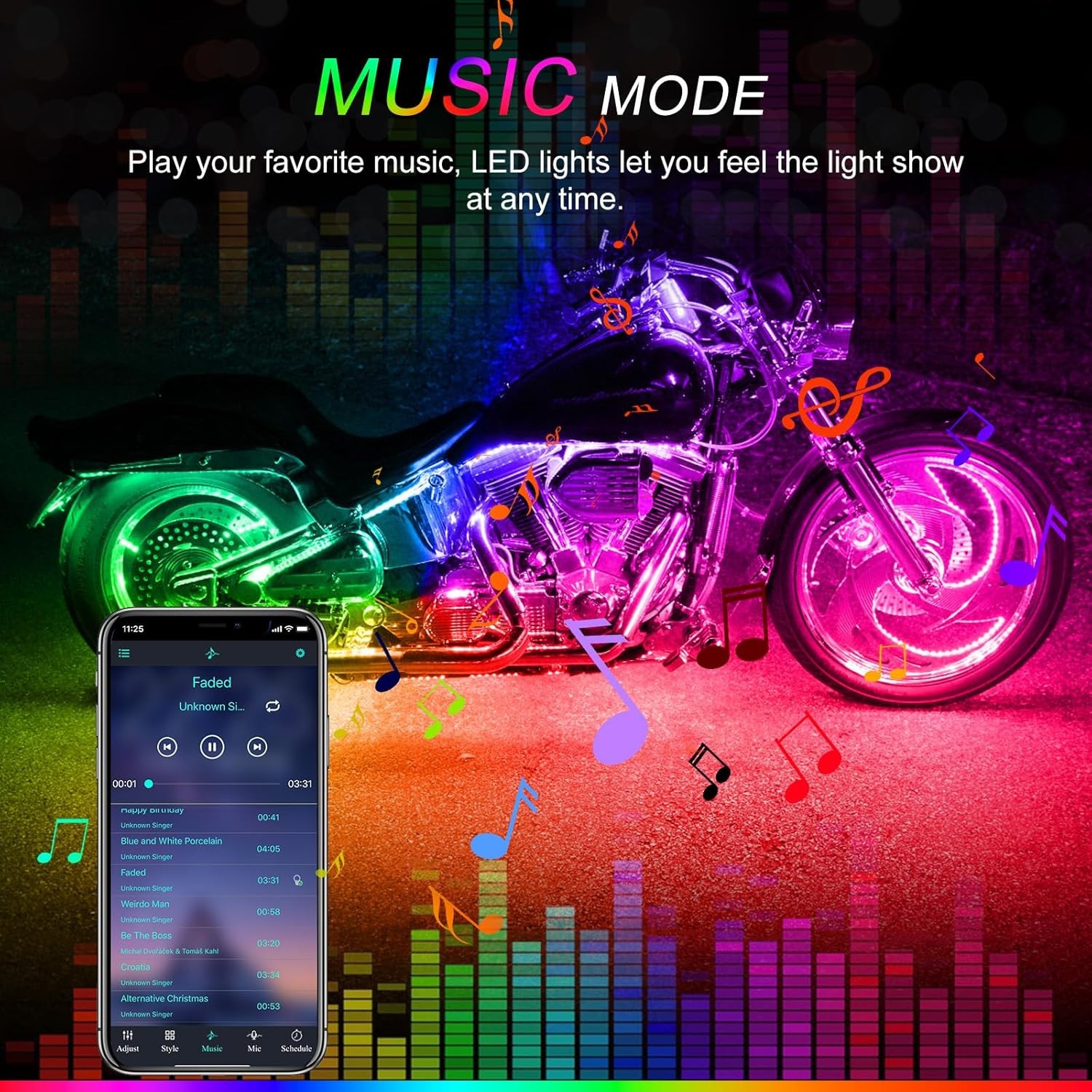 10PCS Motorcycle RGB LED Strip Light Under Glow Neon Kit Bluetooth APP Control