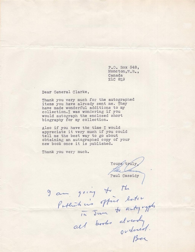 Bruce Cooper Clarke- Signed Handwritten Note (Army General)