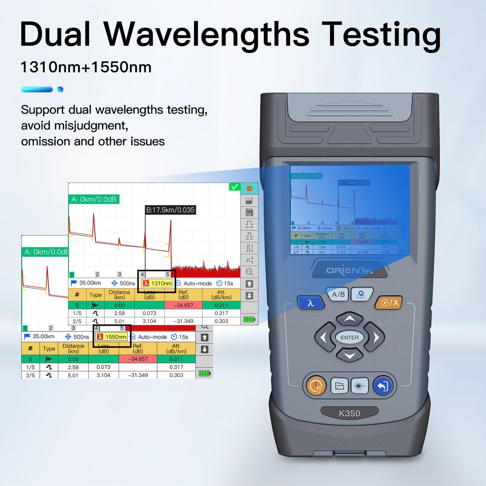 OTDR Tester OrienTek K350 SM 32/30dB 1:32 Spliters 128KM W/Link Map Function