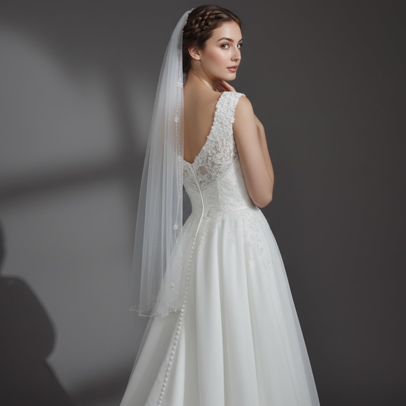 1 Tier Pearls Flower Beaded Edge Wedding Bridal Veil Fingertip Length Women Cap