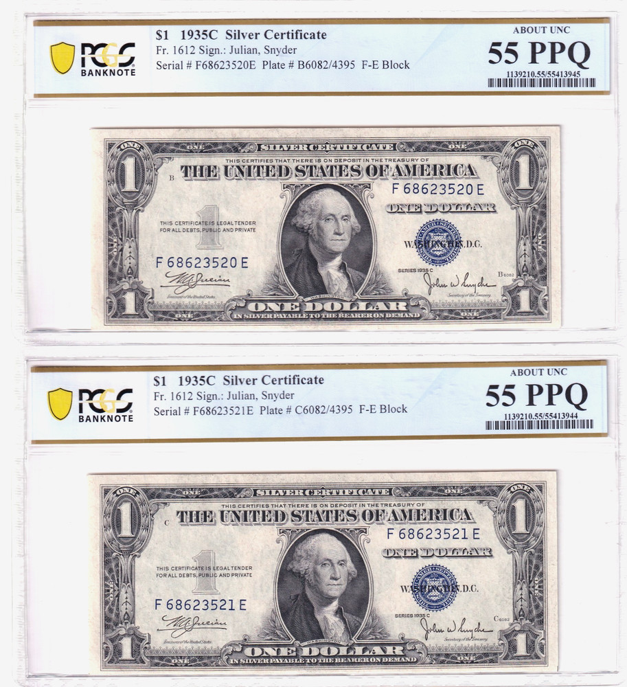 1935C, $1 Silver Certificate's Sequential Pair PCGS 55 AU PPQ