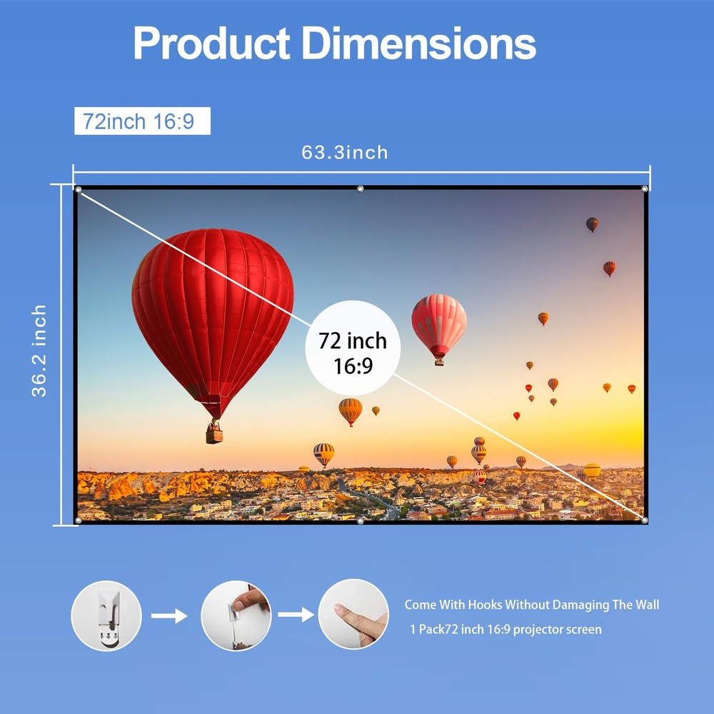Docooler Projector Screen, 80 Inch 16:9 Foldable Projection 72-Inch