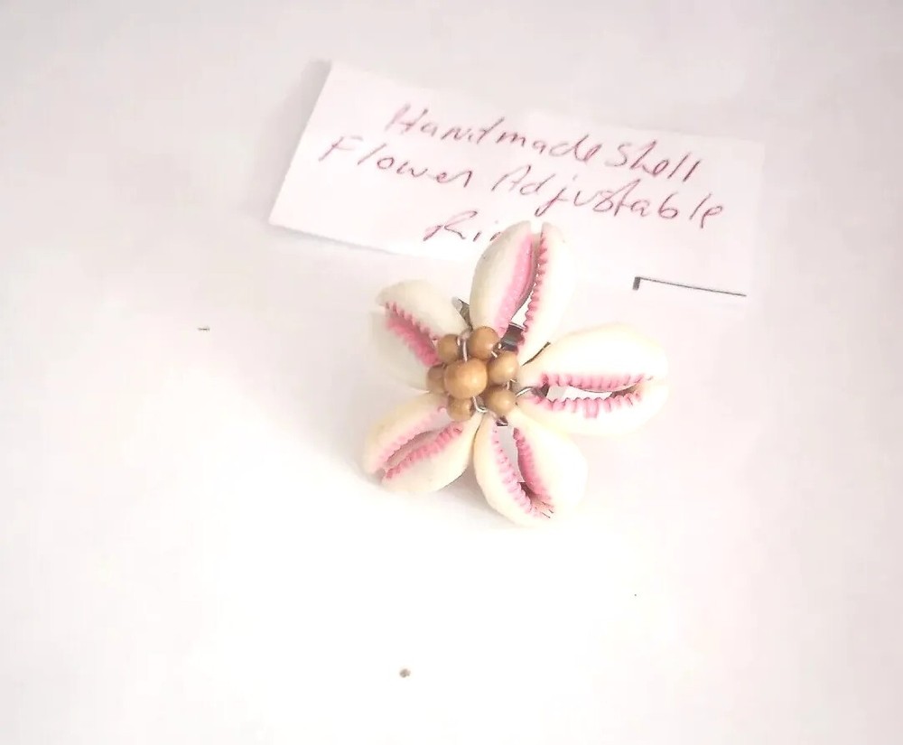 Hand Made Shell Flower White ,Pink, Brown Silver Tone Adjustable Ring