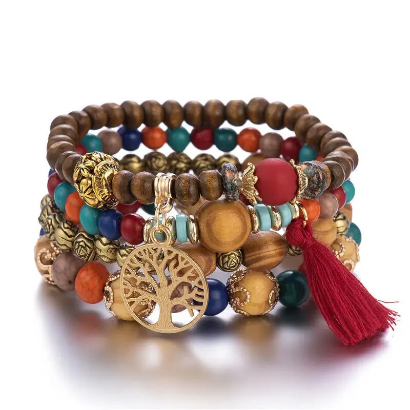 4pc Tree & Tassel Charm Beaded Bracelet (Stretch) Multi-Color ~ NEW!!!