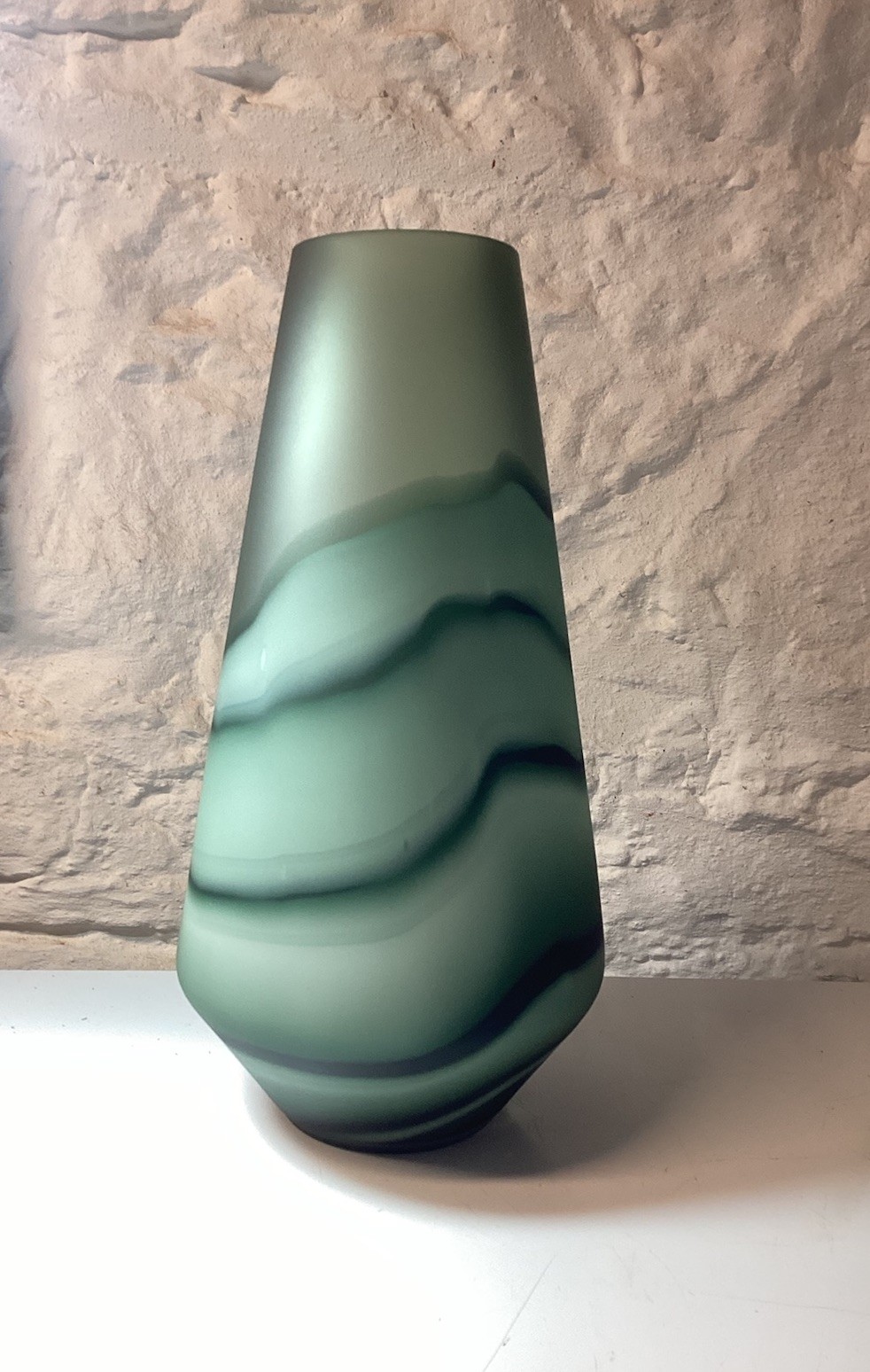 Beautiful Large Art Glass Vase Jade Green Wave Sandblasted Tall Sturdy 13.5 in
