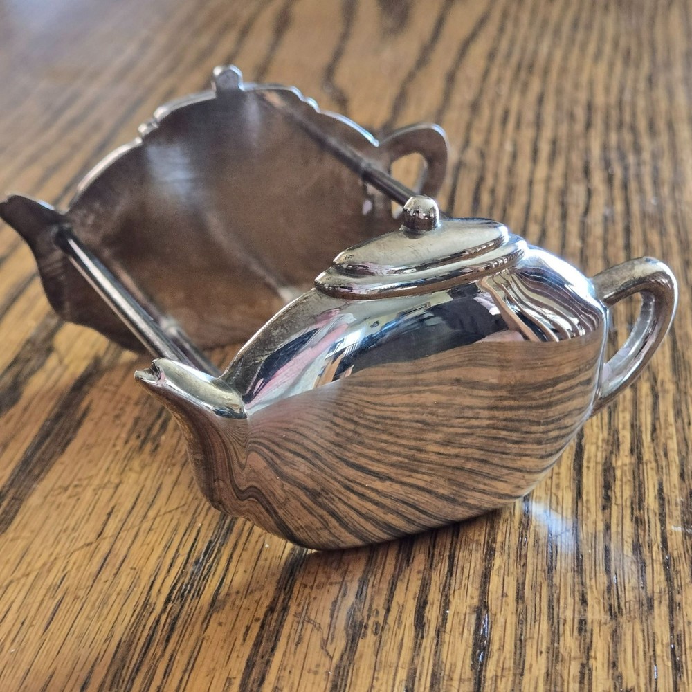 Vintage Silver Plated Teapot Kettle Shaped Tea Bag Holder Or Sugar Packet Holder