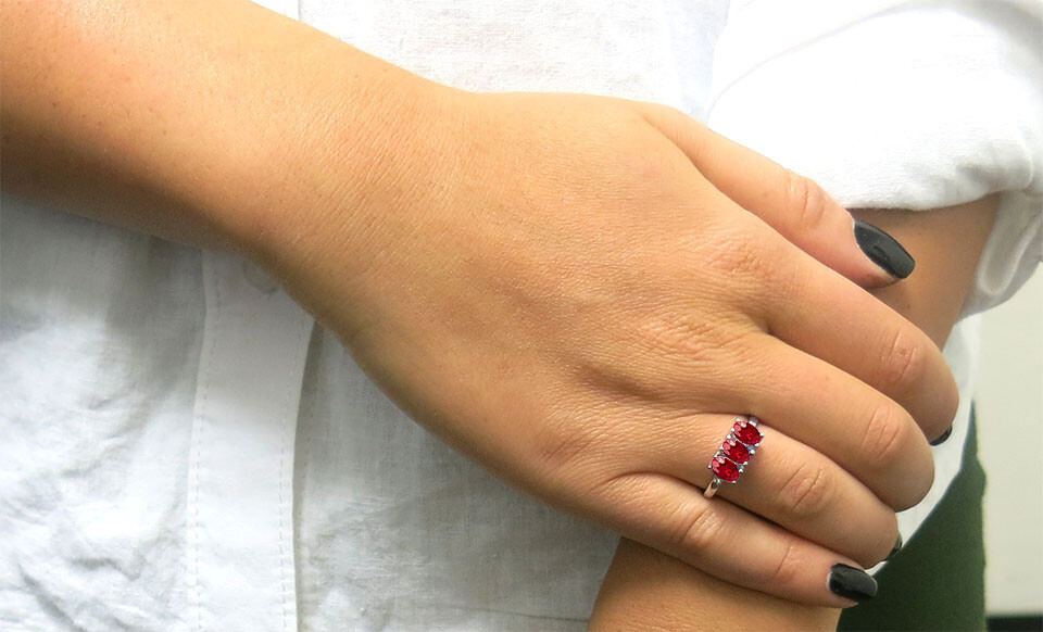 925 Sterling Silver 3.00 CTTW Created Ruby Oval Cut Tri Stone Ring Sizes 6-9