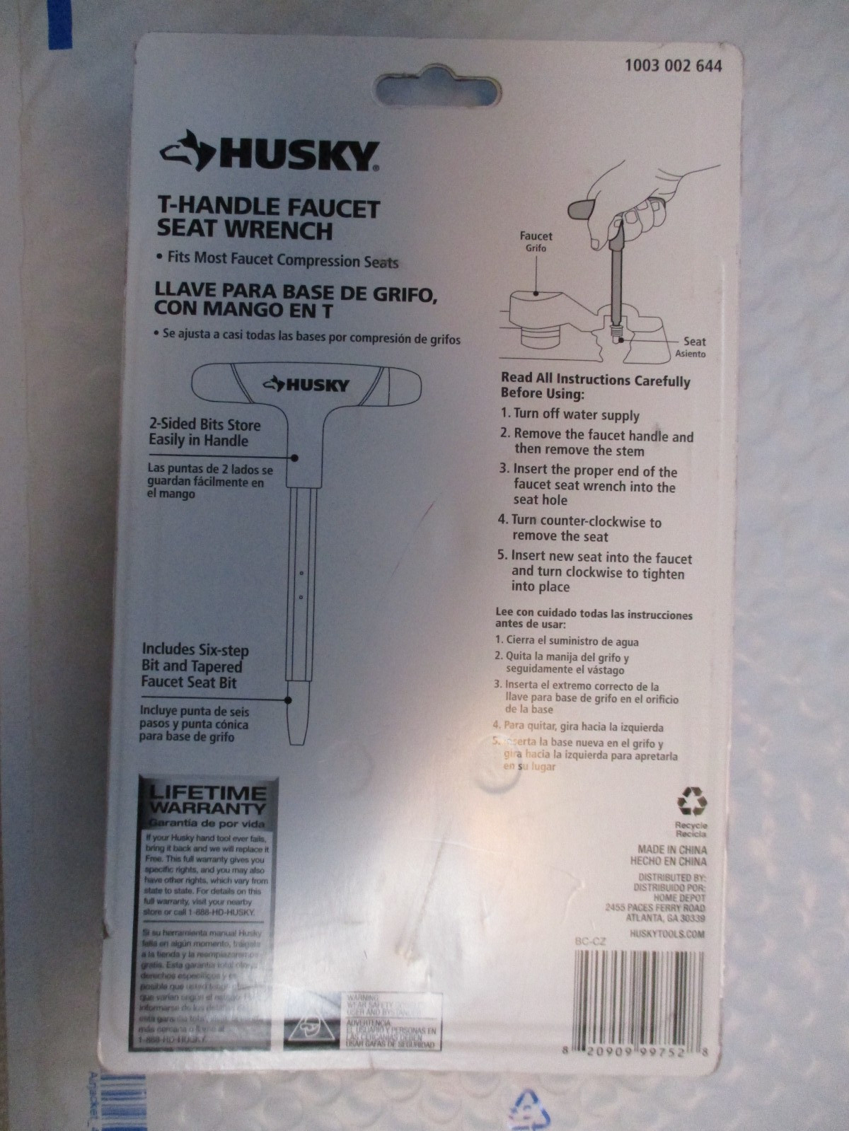 HUSKY T-HANDLE Faucet Seat Wrench 1003 002 644 NEW