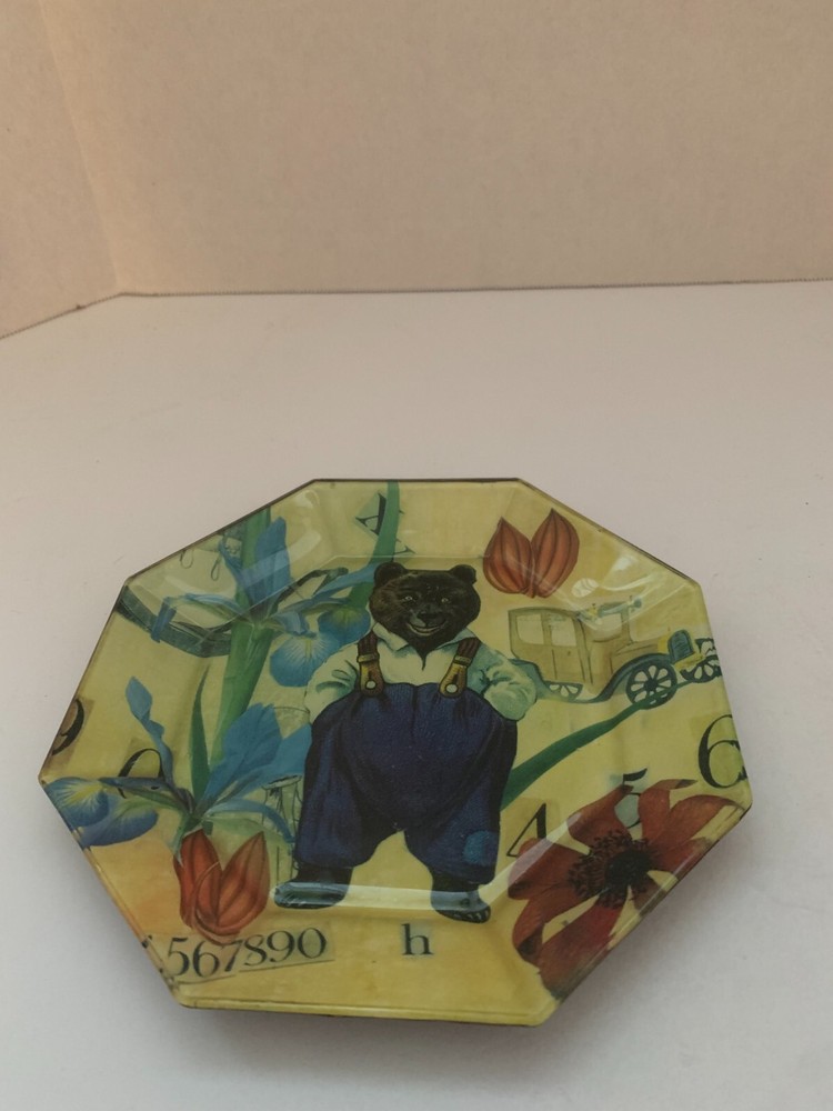 Art Pottery Plate Reverse Painted Signed Kristen Rettig Designs Bear Octagonal