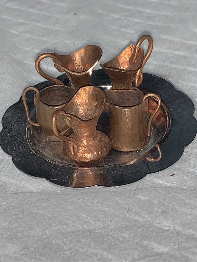 Vtg. 6 Pc Miniature Copper And Silver Plated Tea Set C-2