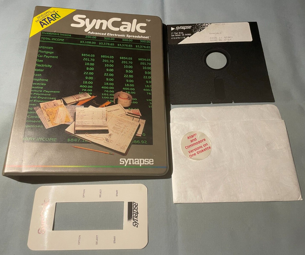 SYNCALC - Atari 400/800/C64 Computer Synapse Software Disk in Binder - TESTED!