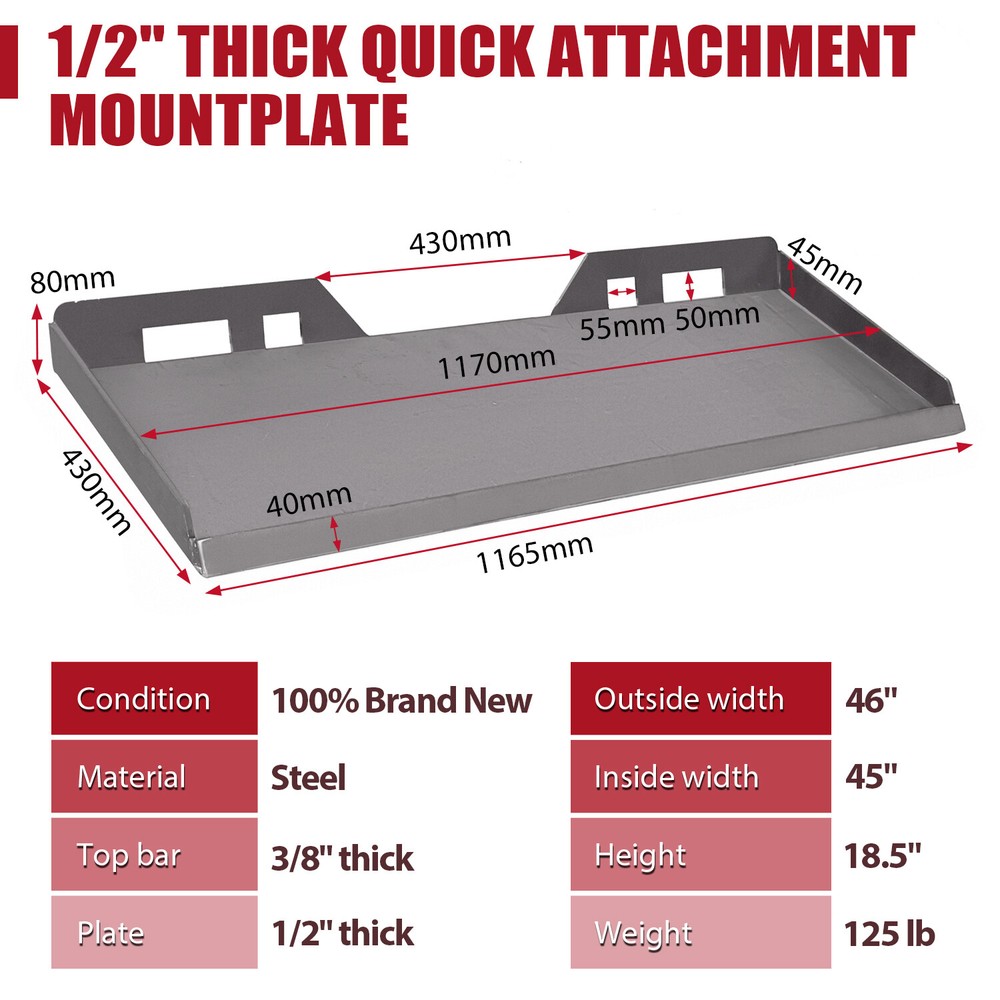 1/2" thick Skid Steer Mount Plate Adapter Loader Quick Tach Attachment