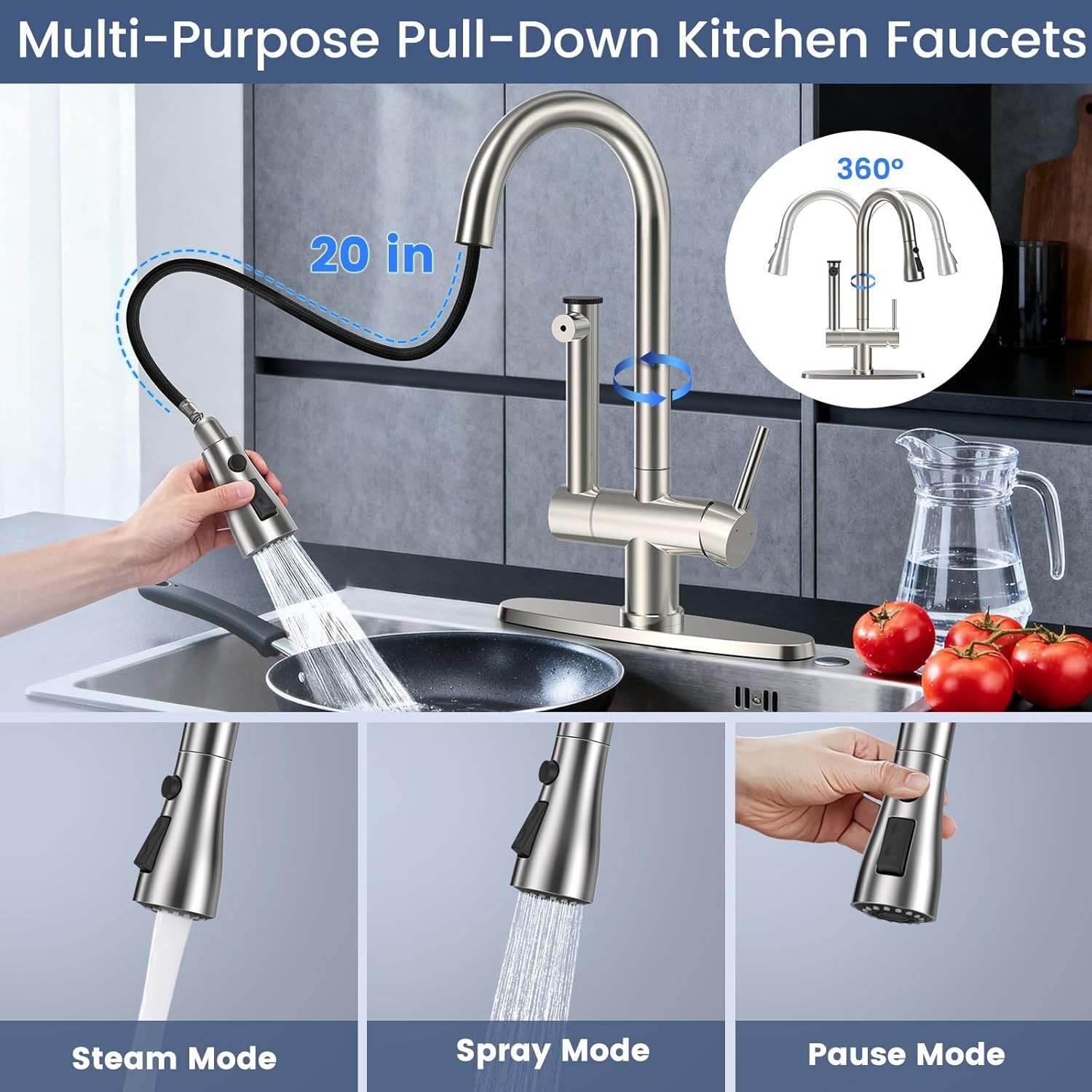 Kitchen Sink Faucet with Filtered Stainless Steel Pull Down Sprayer Swivel Mixer