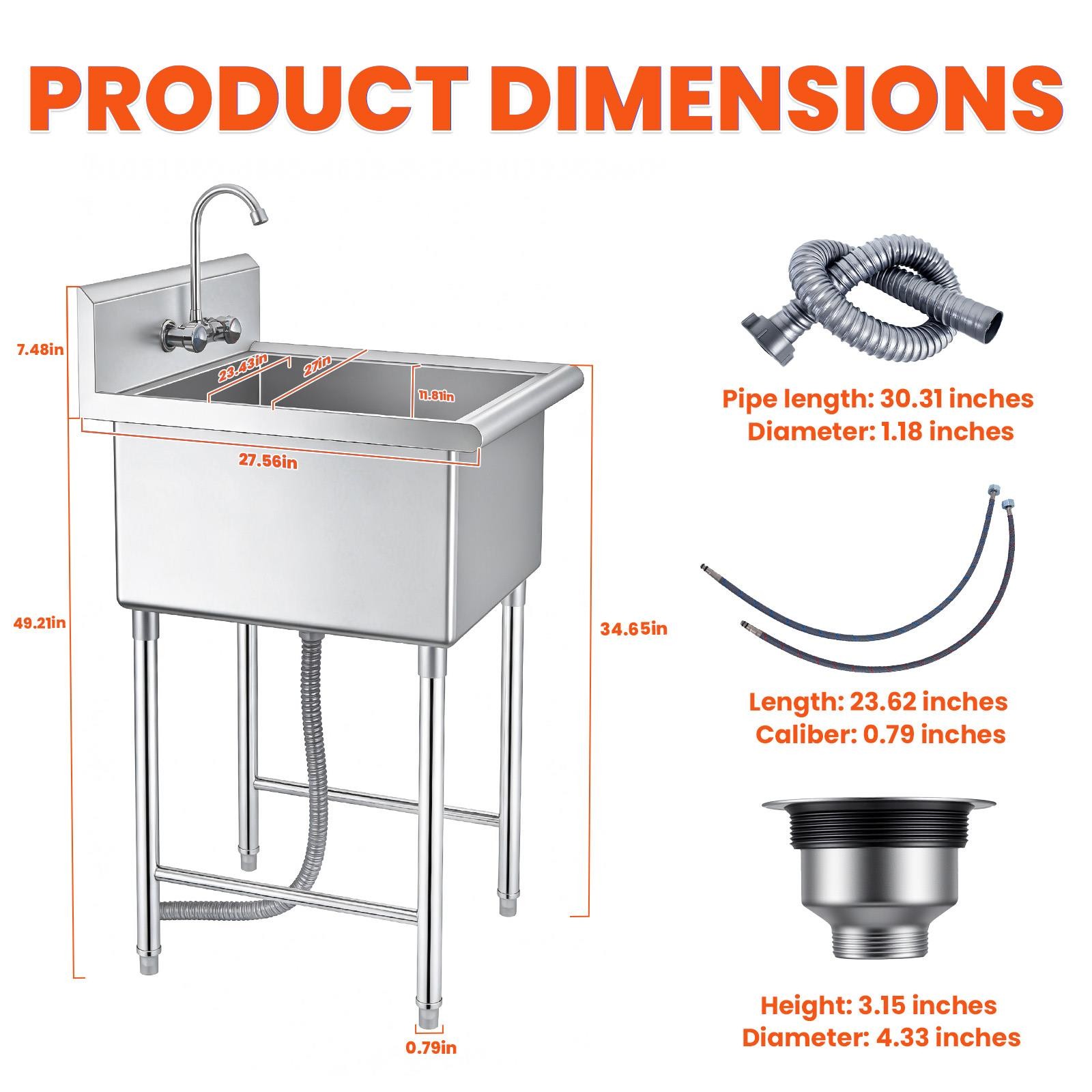 Commercial Stainless Steel Utility Sink Kitchen Wash Tub 27.56" × 11.9" × 27"