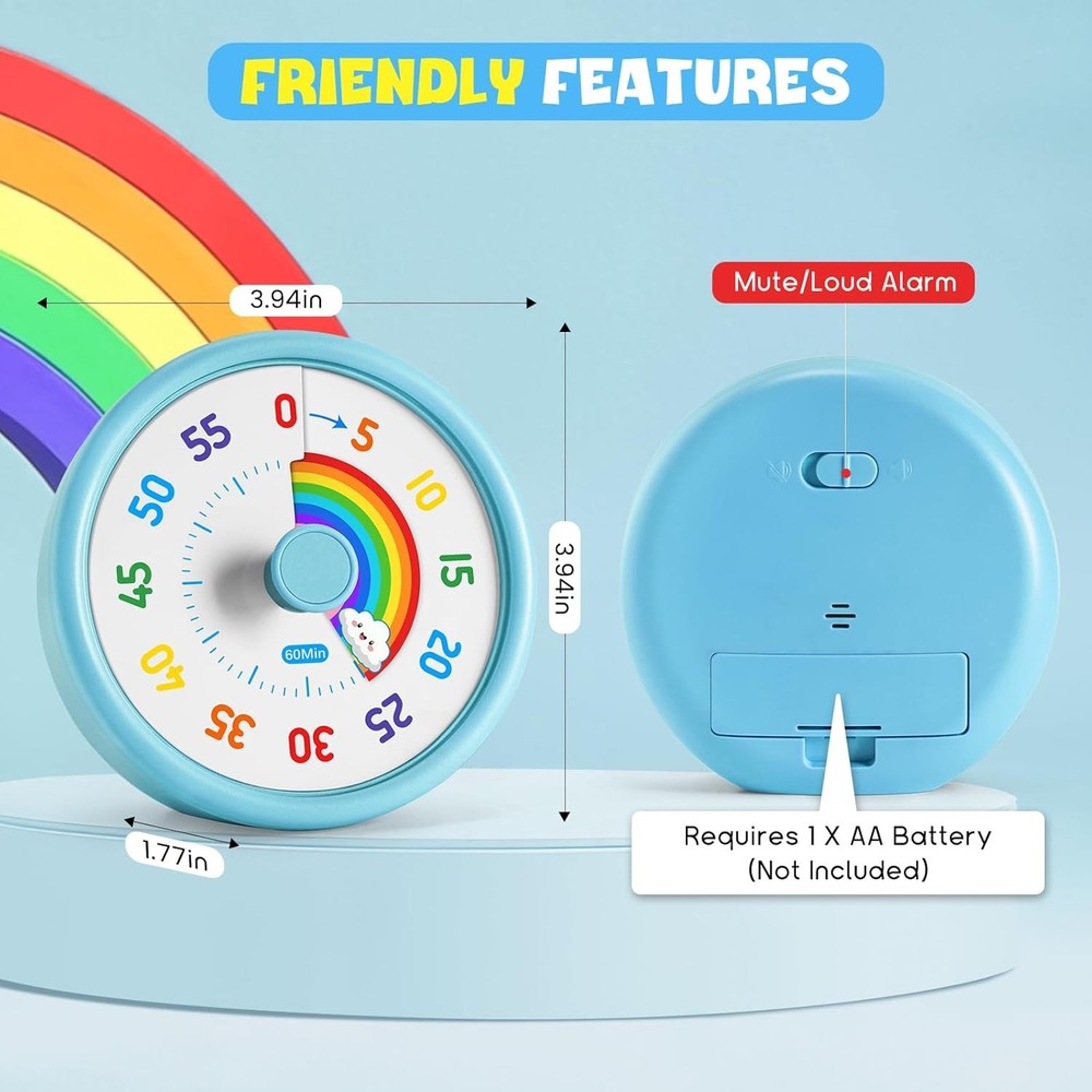 Rainbow Visual Timer for Kids, 60 Minute Silent Countdown Clock with Color Disk,