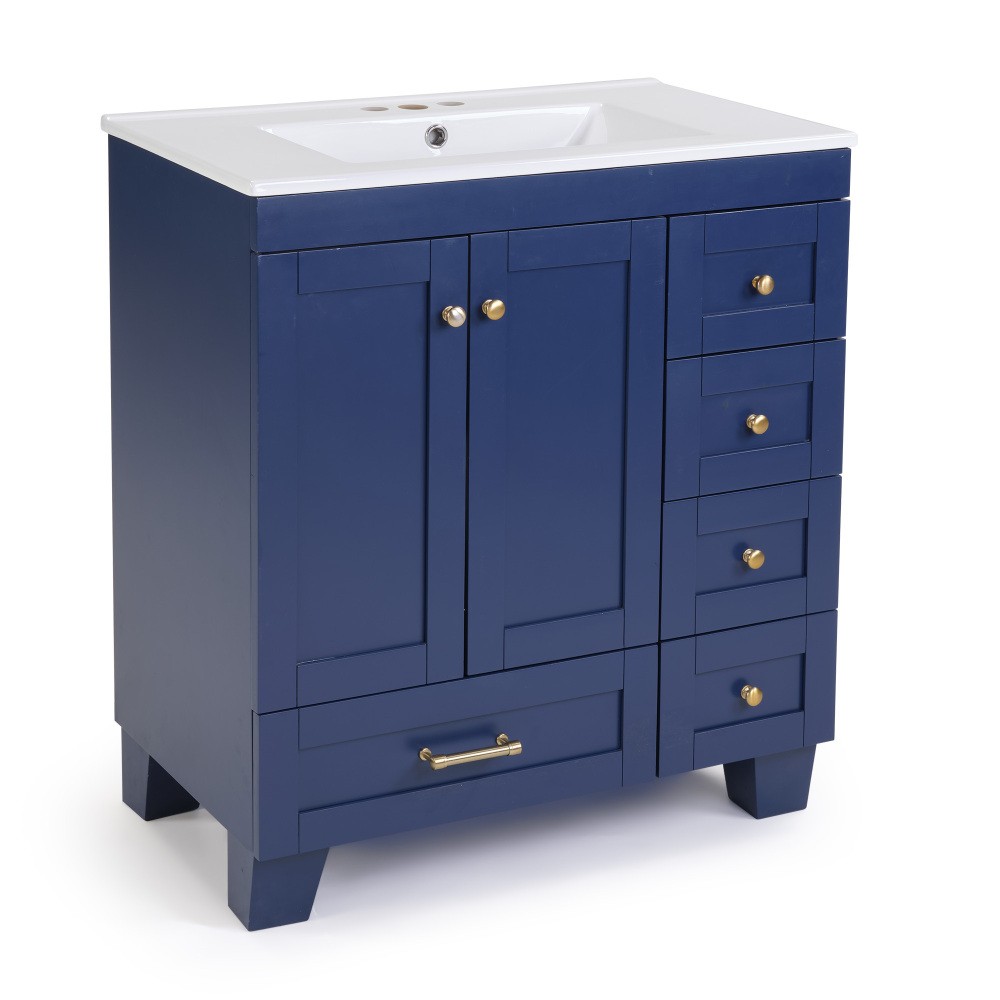 30" Blue Bathroom Vanity w/Ceramic Sink,Soft Close Drawers, Solid Wood Frame