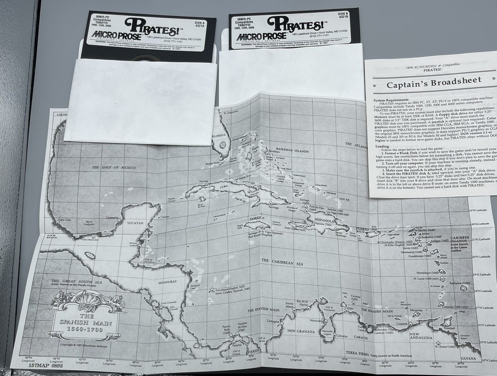 Sid Meier's Pirates! MicroProse IBM PC 5.25" Disk w/ Map & Manual