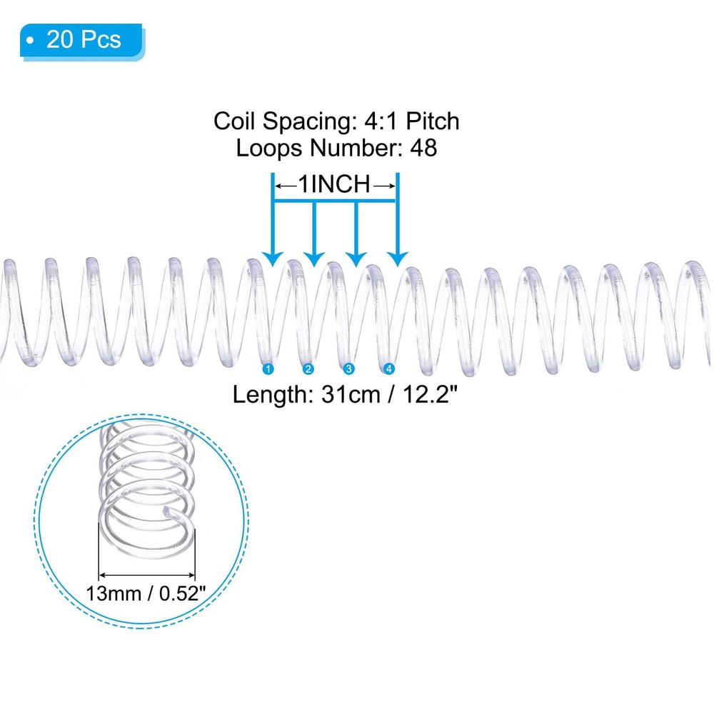 13mm1/2" Plastic Spiral Binding Coils 20 Pcs Binding Spirals 105 Sheet Capaci...