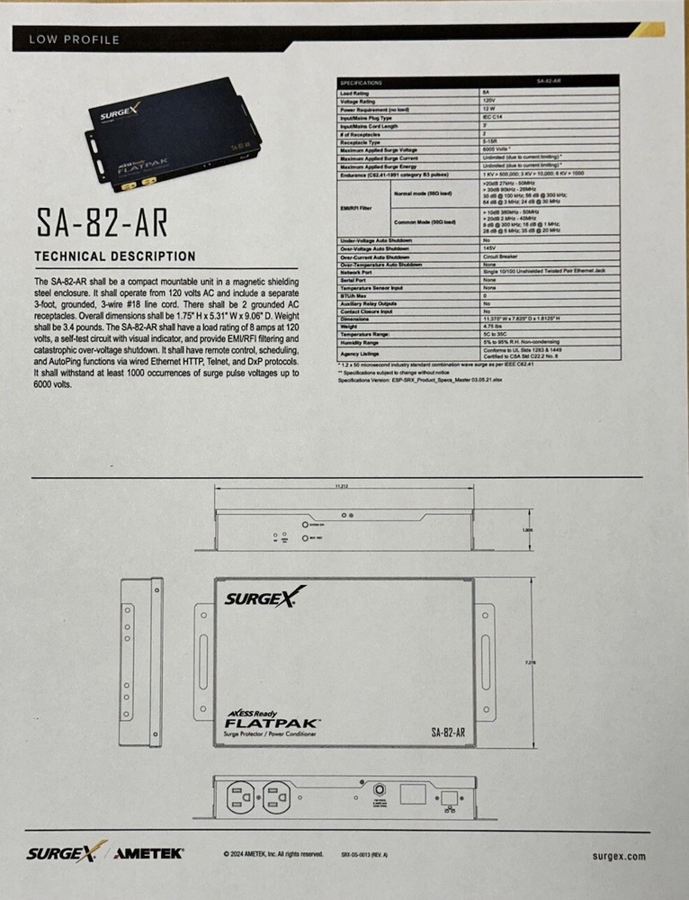 SA-82-AR Series Mode SurgeX Remote FLATPAK SURGE PROTECTOR Power Conditioner