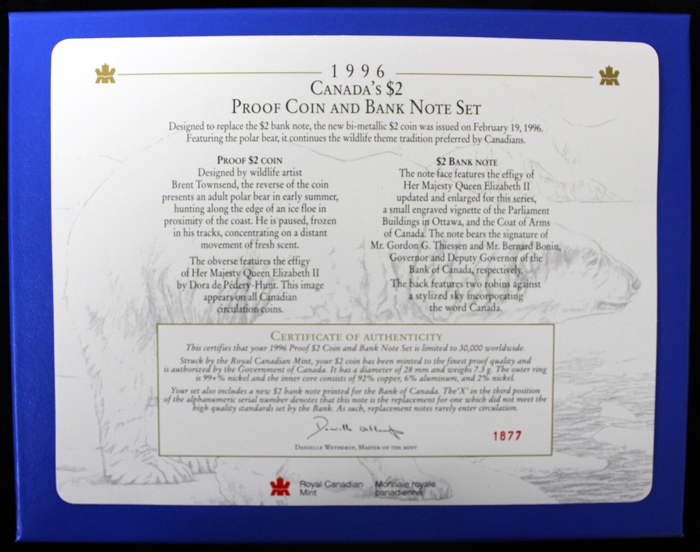 1996 CANADA'S $2 PROOF COIN & $2 BANK NOTE SET