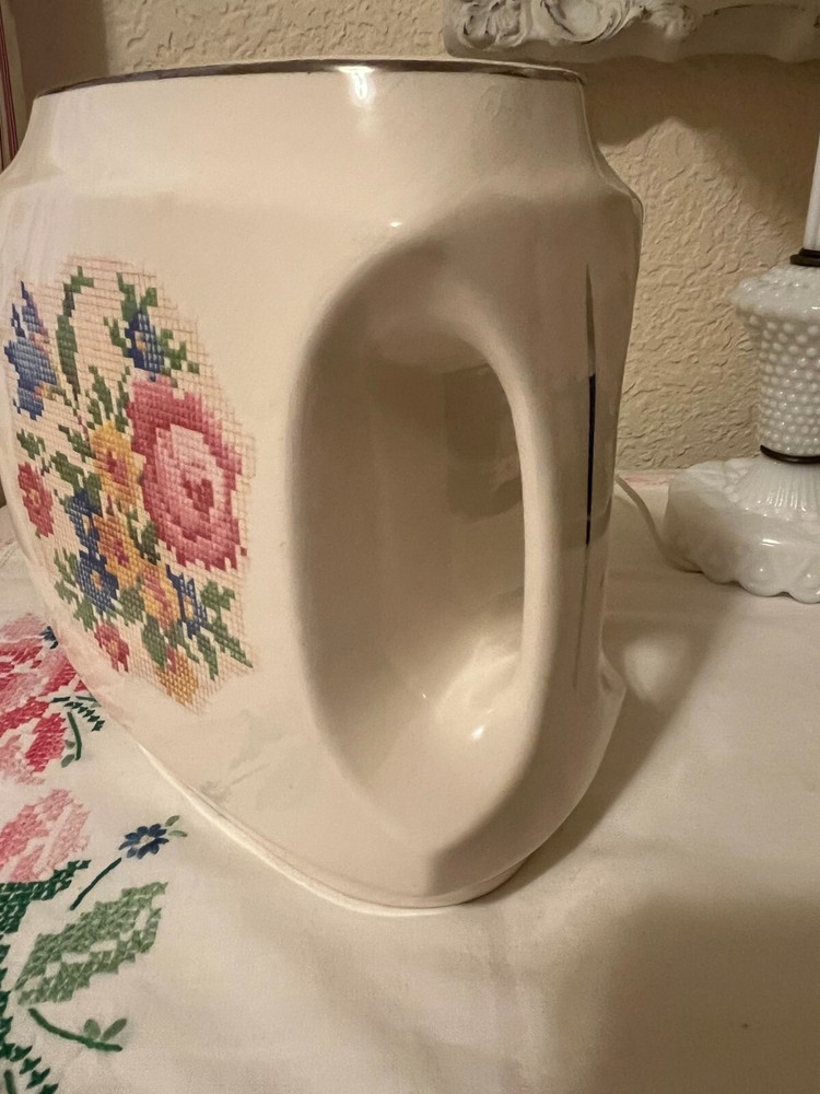Vtg Harker Ivory Needlepoint Roses Print Rectangular Pitcher Lovely Please Read