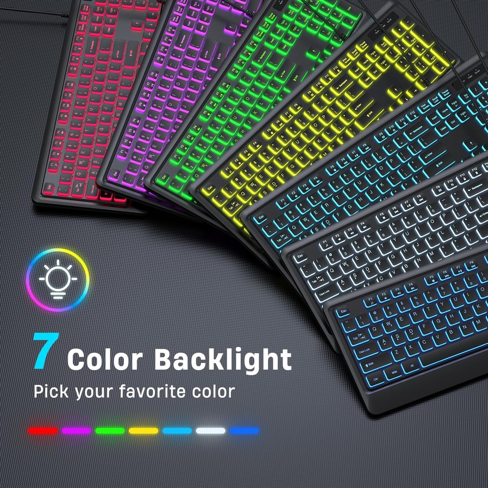Backlit Computer Keyboards, Wired USB LED Keyboard with 7 Colors Backlight, P...