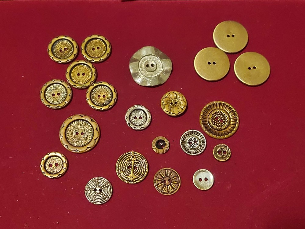 21 Vintage Pressed Brass Buttons - Various Designs And Sizes