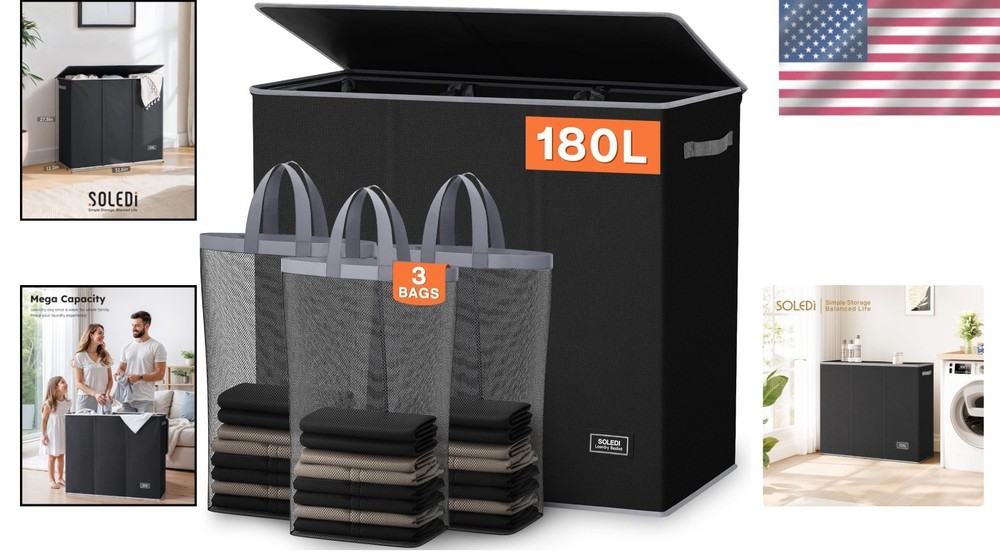 Extra Large 3-Section Laundry Hamper, 180L with Lid - Modern Storage Solution