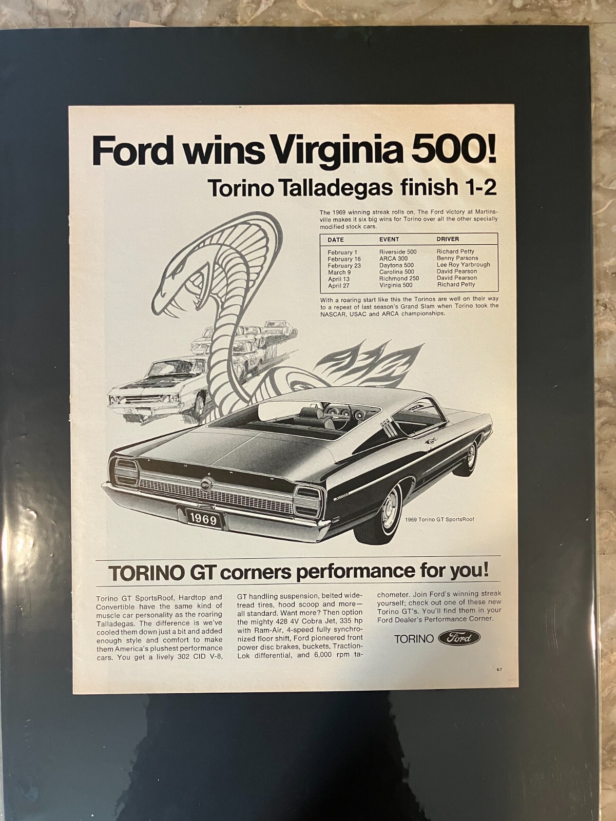 READY to DISPLAY*1969 Ford Torino Talladega Cobra Martinsville*Original*ad c