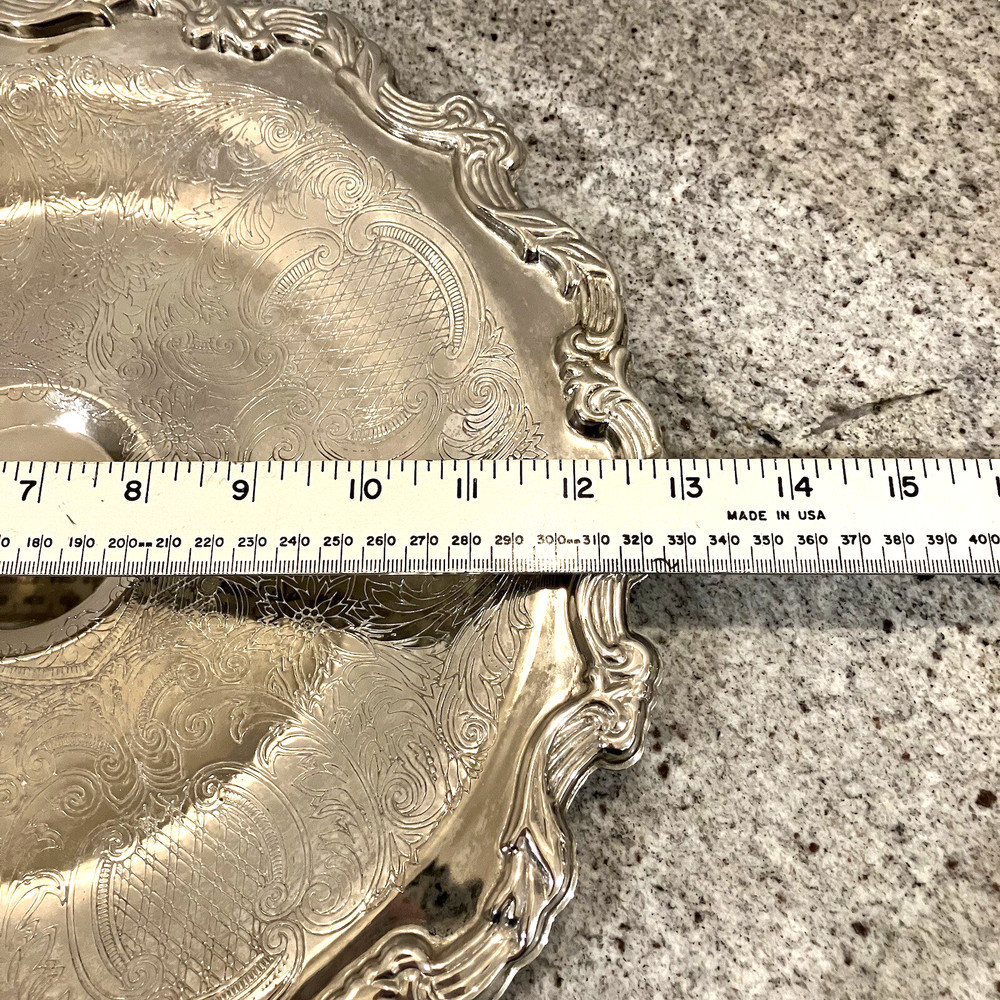 International Silver Co. Round Serving Platter w/ Etching & Scroll Edge