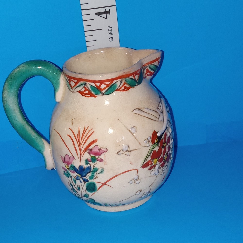 Antique Earthenware Small Creamer Pitcher Hand Painted Applied Handle 19thC