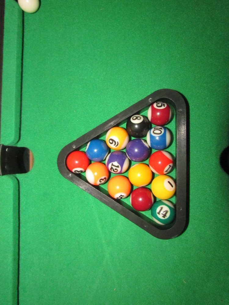 MINI BILLIARDS TABLE TOP BOX COMPLETE 2 STICKS BALLS RACK BRUSH CHALK