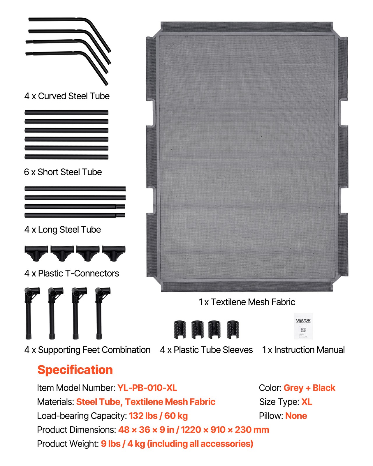 VEVOR Elevated Dog Bed for Large Dog Portable Raised Dog Cot with Metal Frame XL