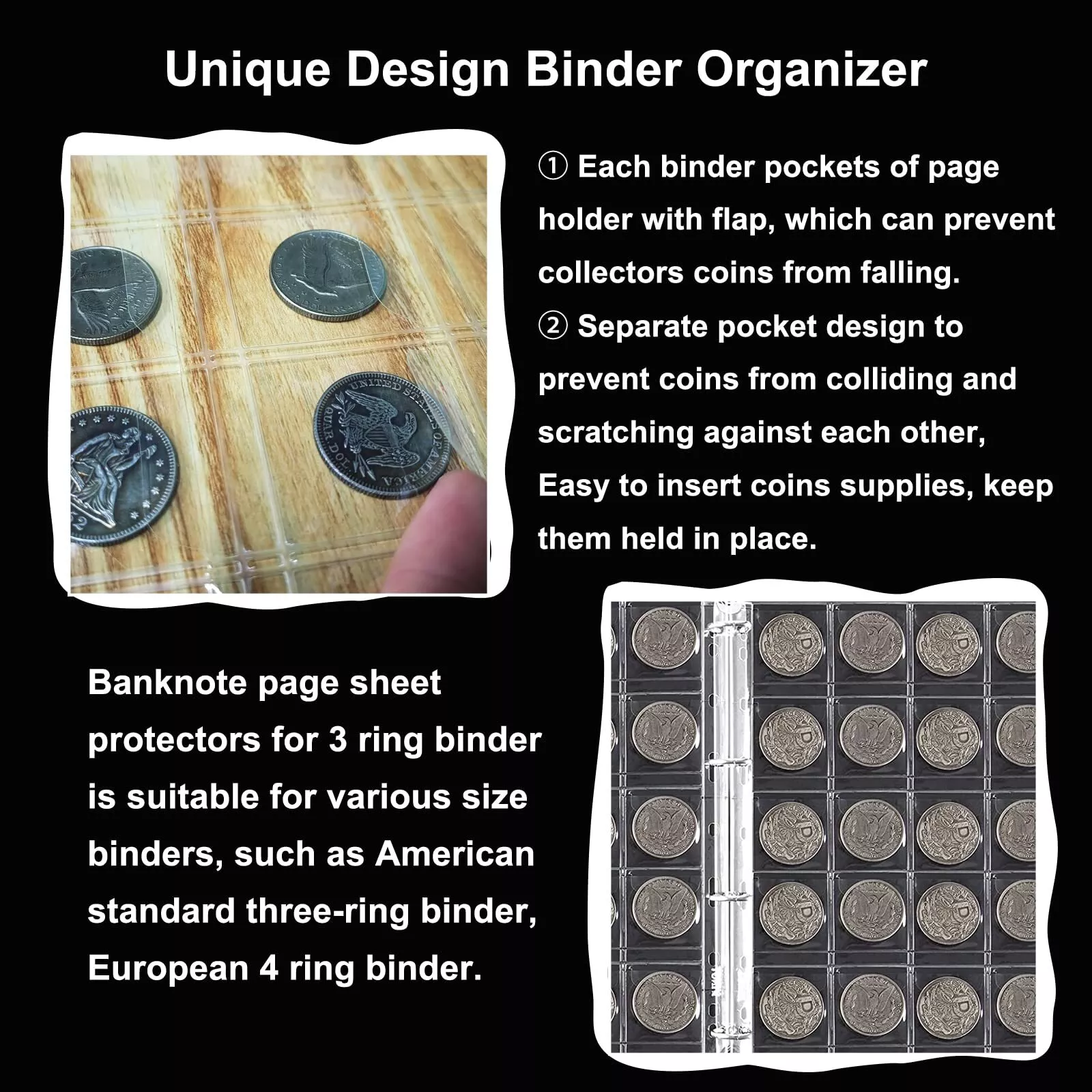 10 Sheets Coin Collection PagesCoin Binder Inserts Sleeves with 9 Hole for