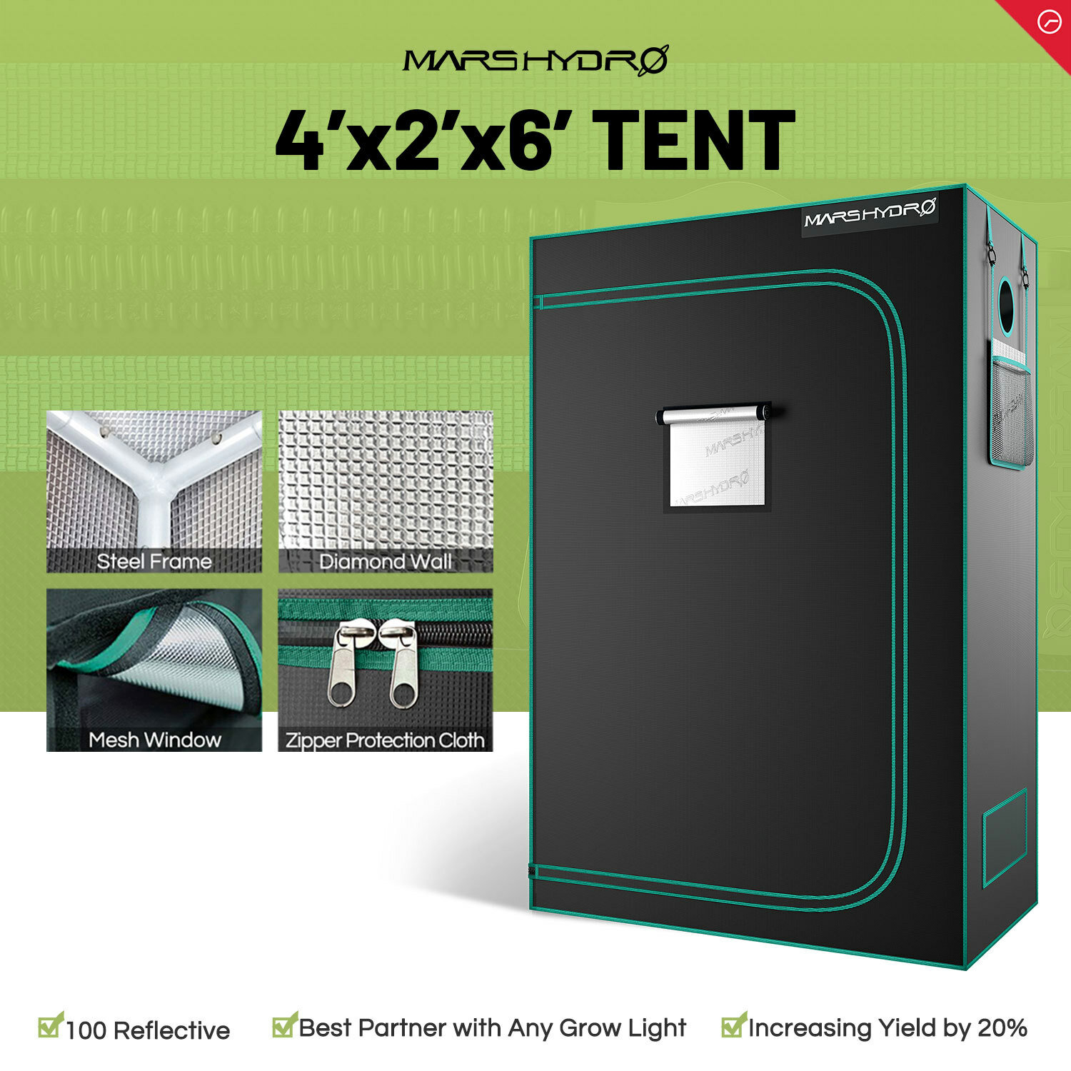 Mars Hydro 4' x2' x6' Indoor Grow Tent 100% Reflective Mylar for Led Grow Light