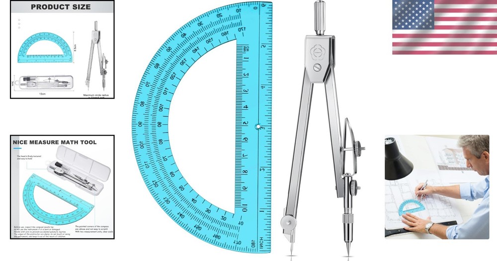 Geometry Math Set: Compass & 6-Inch Protractor for Precision Drawing