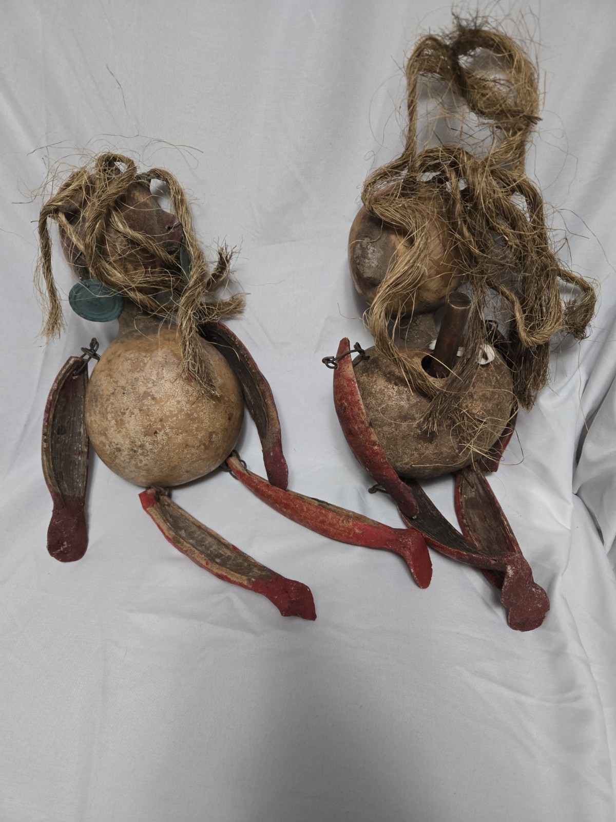 Antique Mexican Folk Art Phallic Gourd fertility Dolls Coconut Sisal Pair