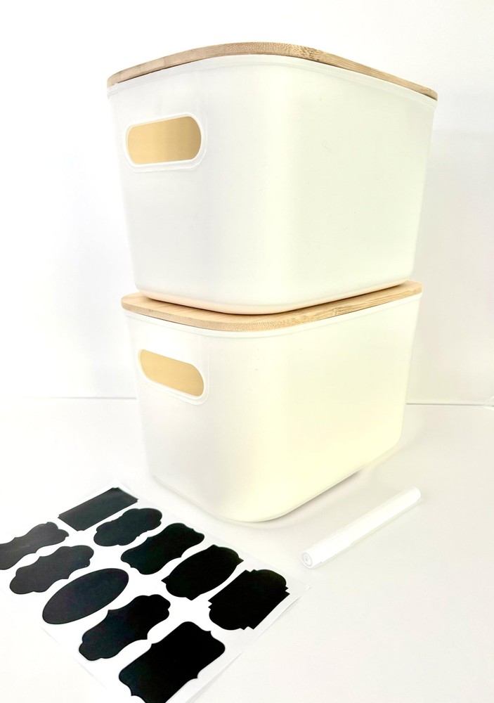 Generic Plastic Stackable Storage Bins with Bamboo Lid 2 PCS White 10x7in