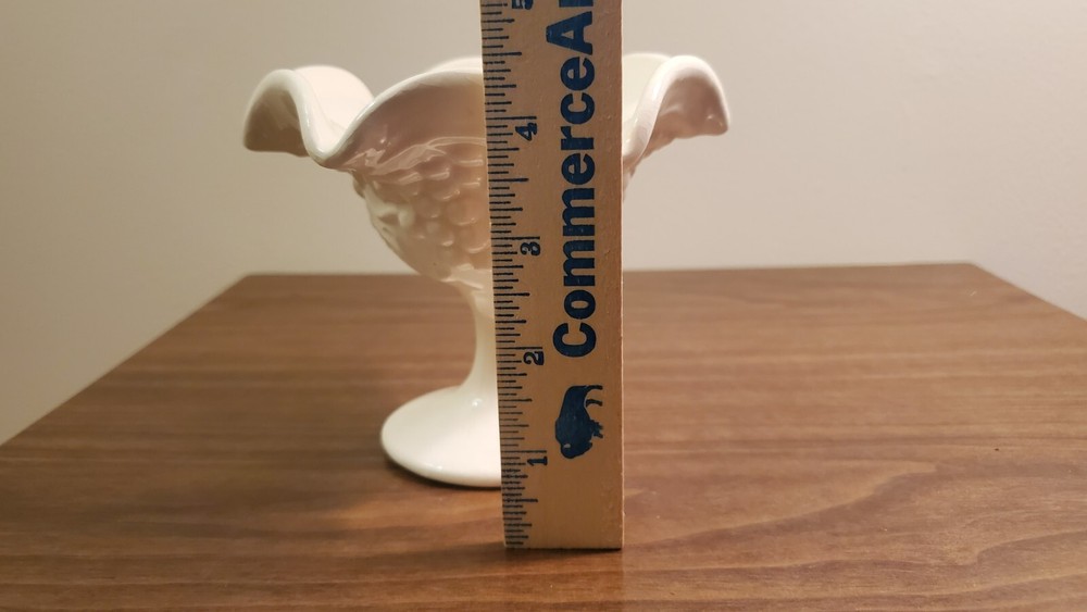 Grape Pattern Compote Ruffled Edge Footed Stemmed White Ceramic