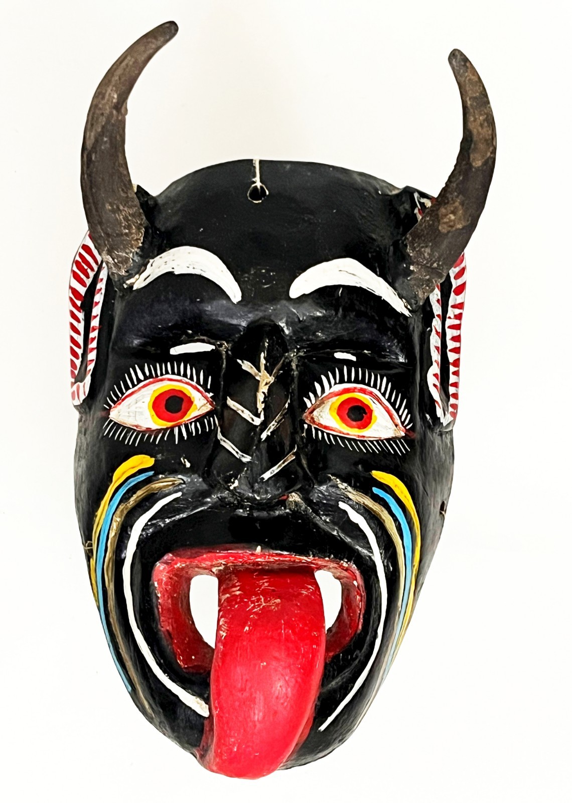 MEXICAN FOLK ART CARVED WOOD BLACK HORNED DIABLO DEVIL DEMON DANCE MASK 14 x 8"