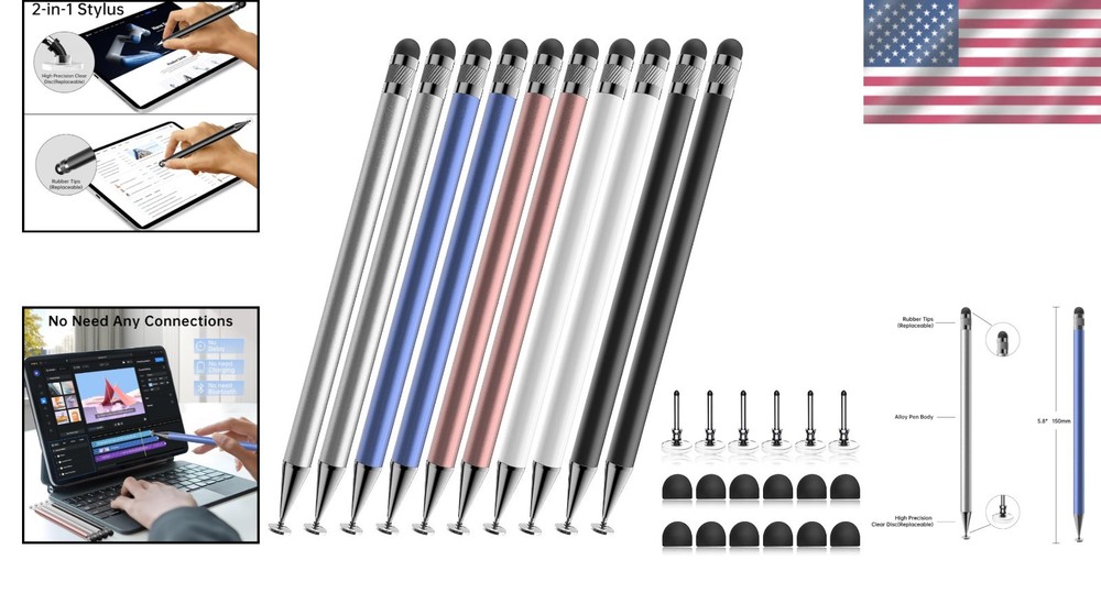 2-in-1 Stylus Pen 10 Pack Alloy Touch Screen Compatible iPhone iPad Android Silv