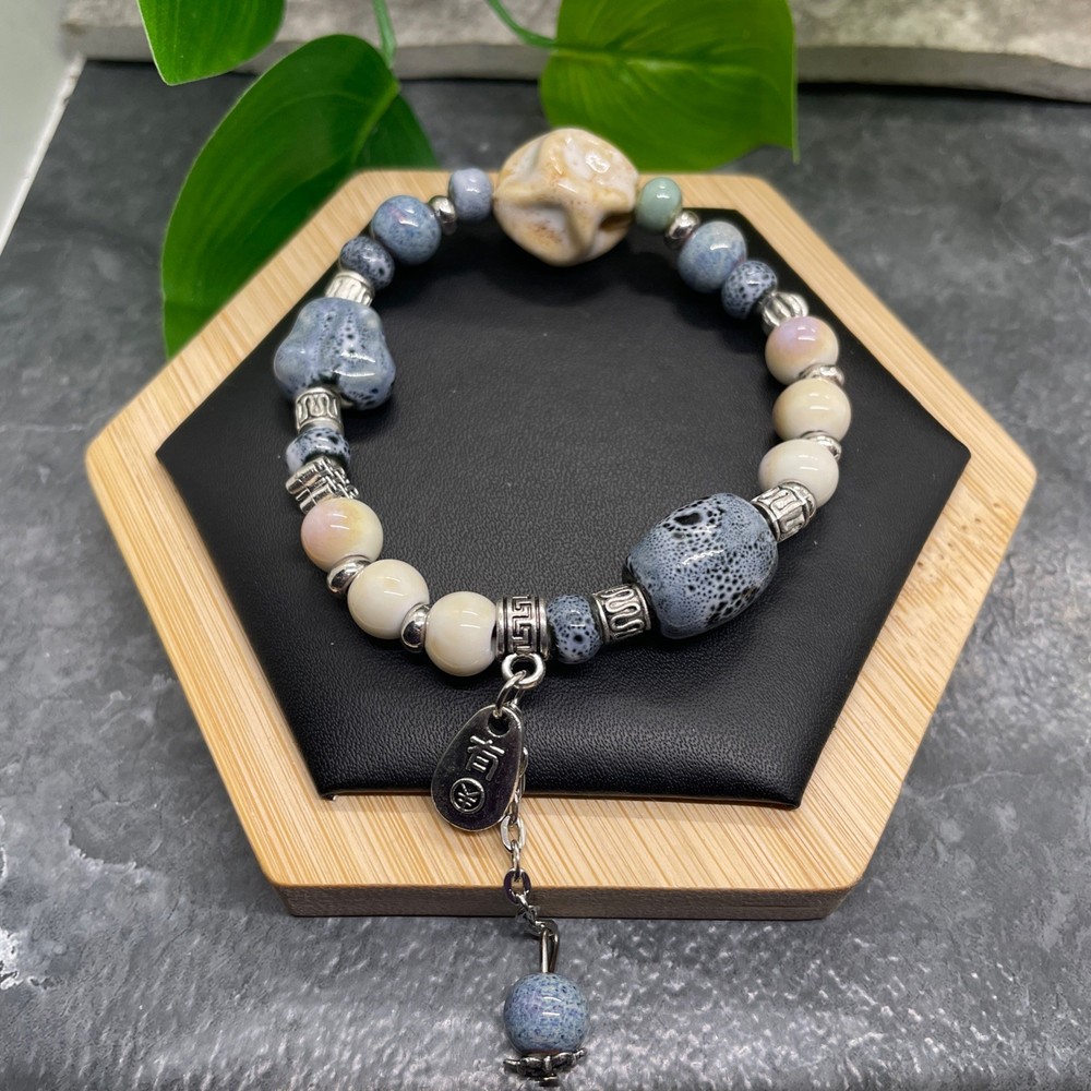 Handmade Ceramic Bead Beaded Stackable 6.5” Plus Stretch Bracelet New B417