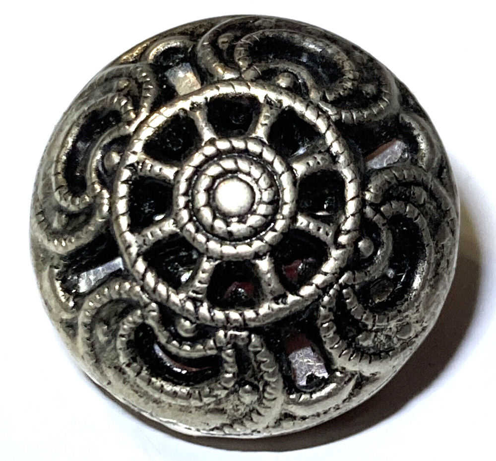 Vintage Metal 2 Piece Button Silvertone Domed Geometric Openwork Self Shank 3/4"