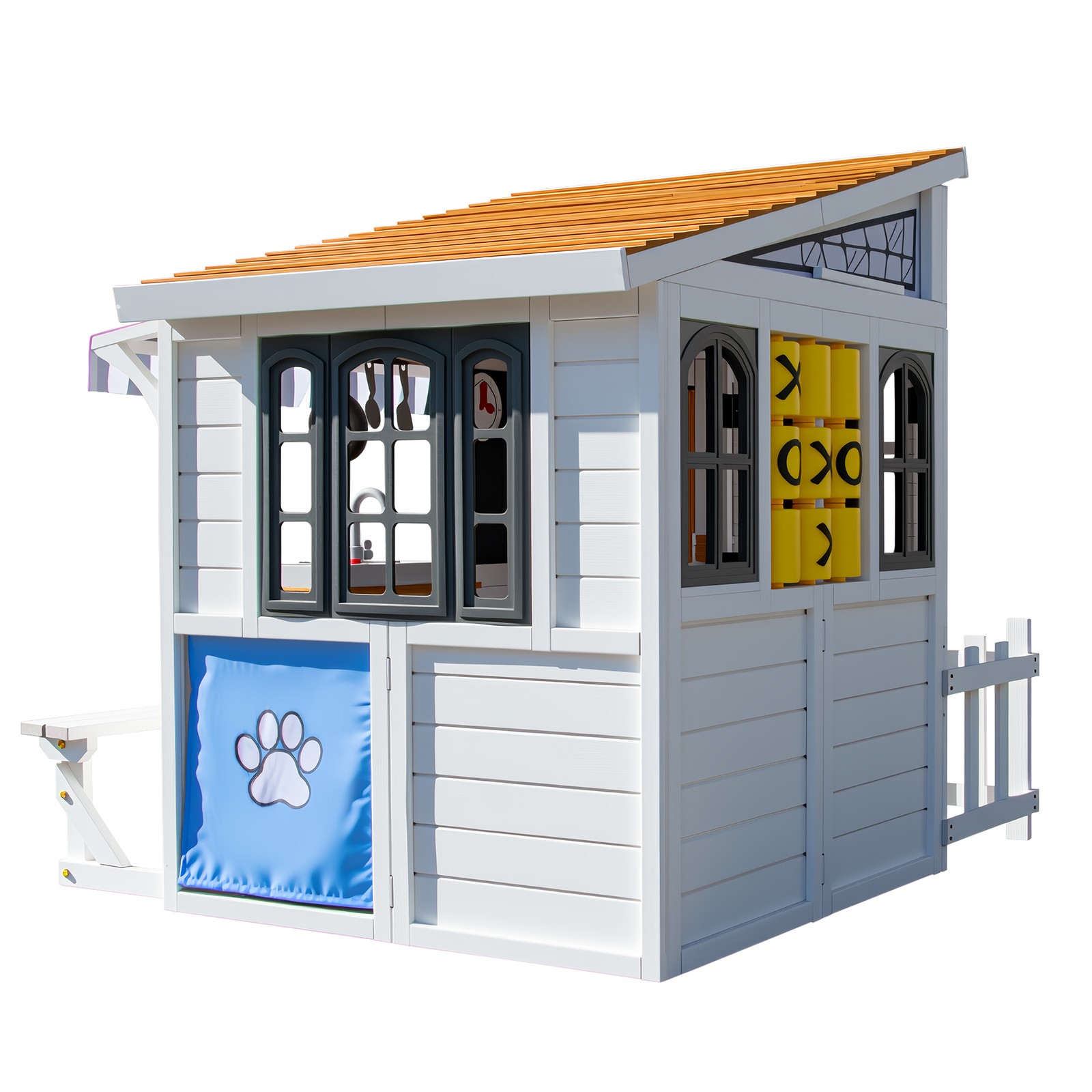 Kids Wooden Playhouse Outdoor Cottage Play Kitchen,Bench,Blackboard,Tic-Tac-Toe