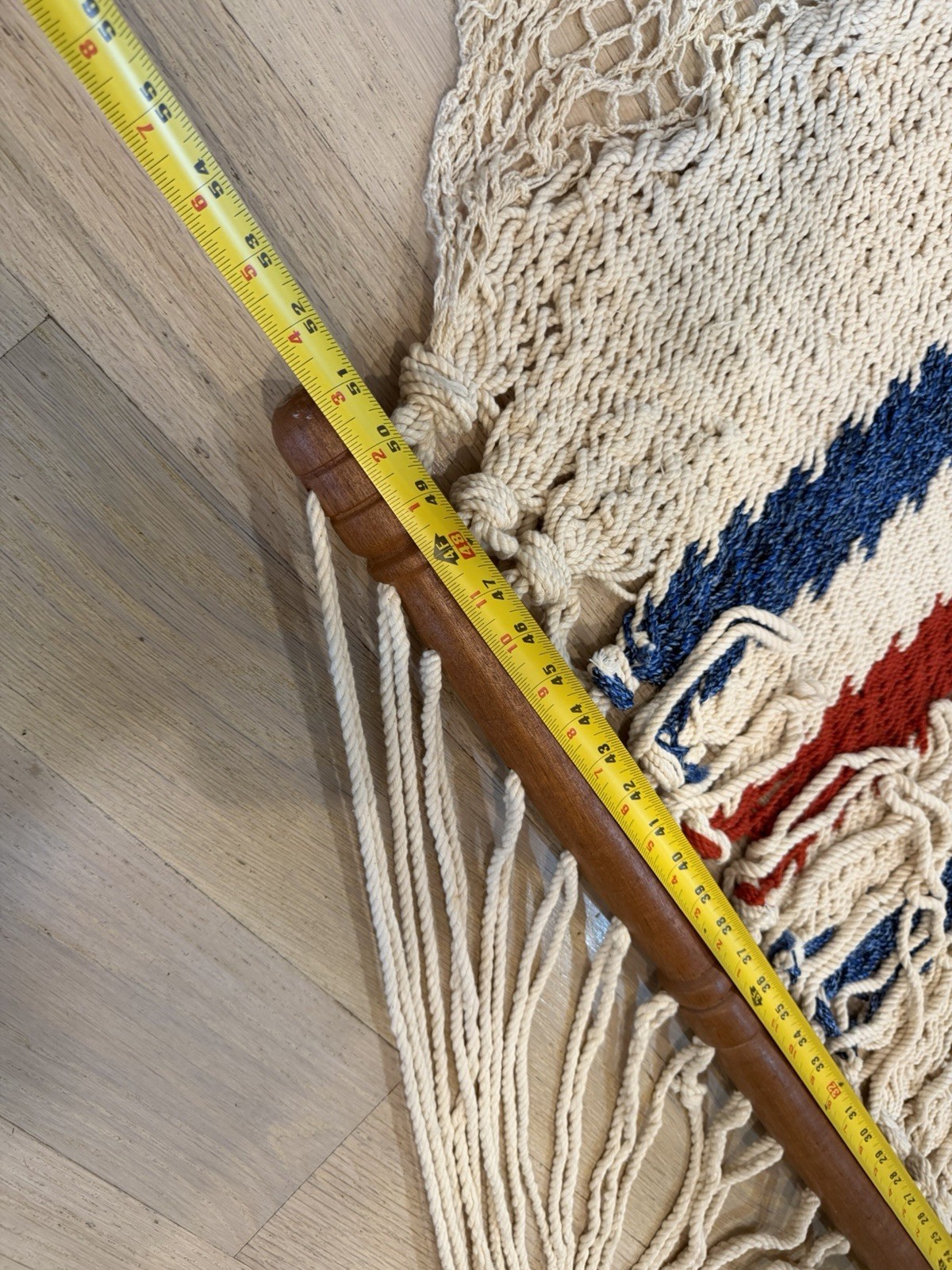 Vtg Rope Macrame Hammock Nantucket JFK Red & Blue Wooden Spreaders 51 x 88 In