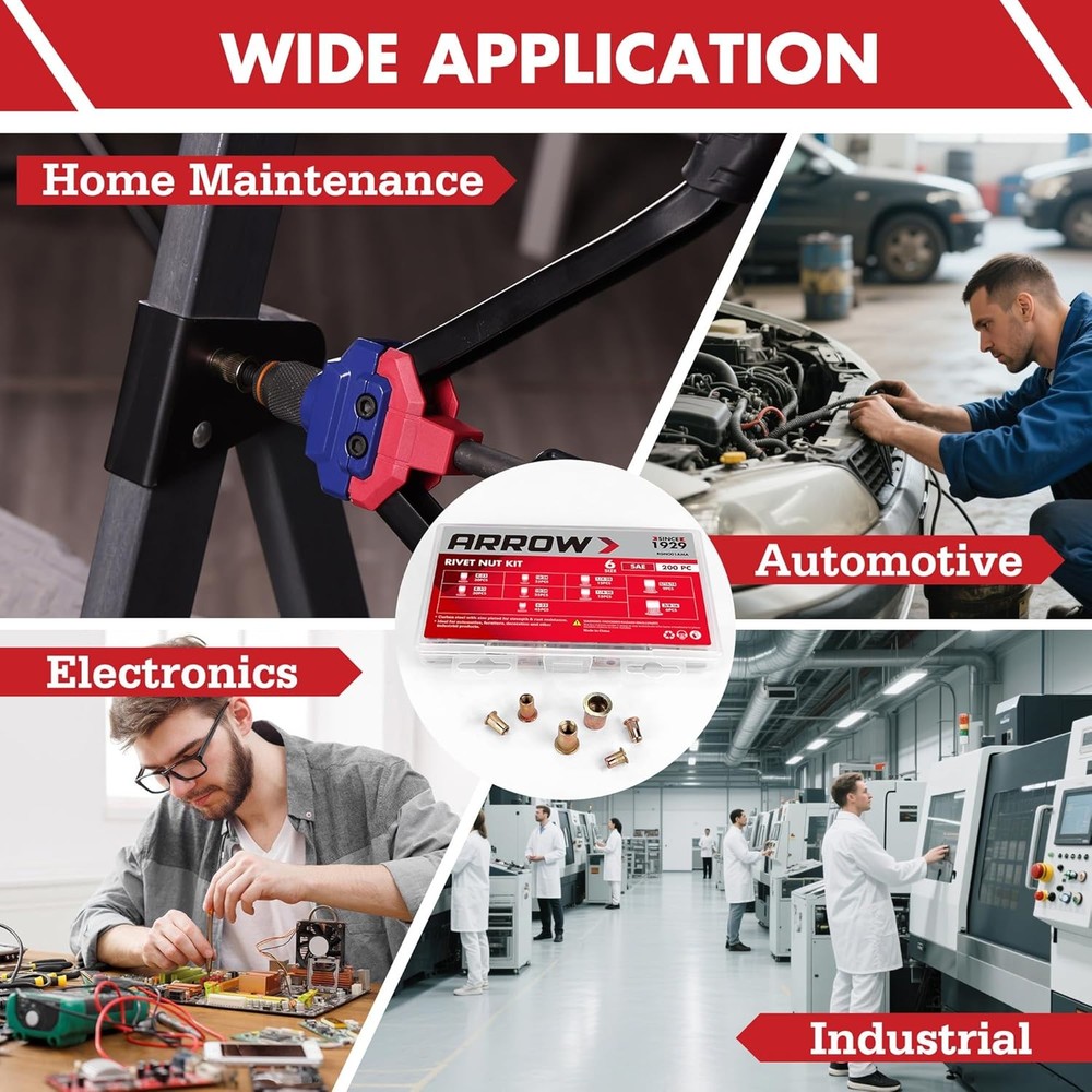 Arrow 200PC Rivet Nut Kit Rivnut Assortment Kit FlatHead Threaded Insert Nutsert